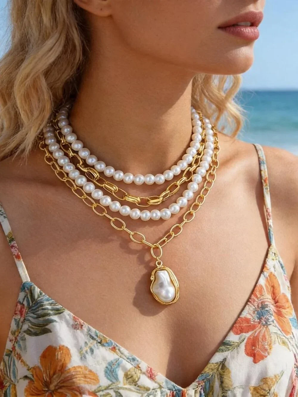 New Women's Gold Layered Chain Necklace Baroque Pearl Pendant Stack Choker